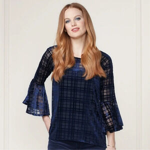 LC Lauren Conrad Women's Top Small 3/4 Bell Sleeves Semi-Sheer Velvet Blue